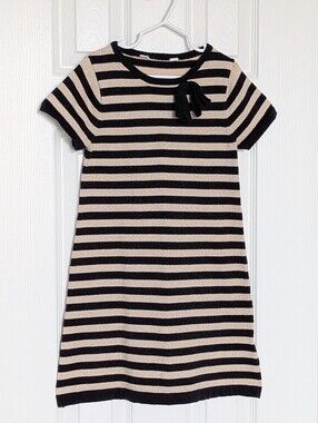 Girls' Black & Shimmering Gold Striped Short-Sleeve Knit Dress w/Bow Accent